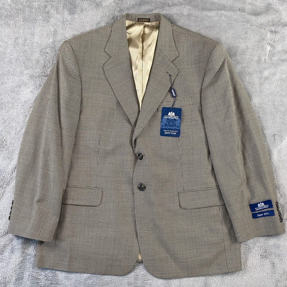 NWT Stafford Sport Coat 44S Tan Black Houndstooth Super 100s Wool Blazer Office